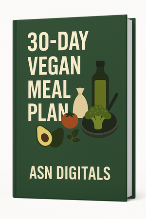 30-day Vegan Meal Plan guide cover - plant-based recipes and grocery lists ebook